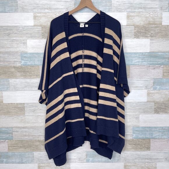 GAP Striped Poncho Sweater Navy Blue Tan Wool Camel Hair Womens OS One Size - Picture 1 of 9